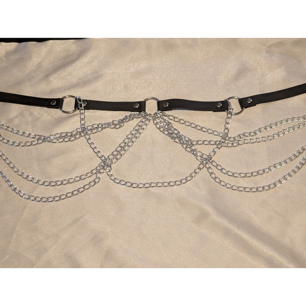 Punk Grunge Multi Draped Chain Belt Black Faux Leather Silver Tone Y2K Goth